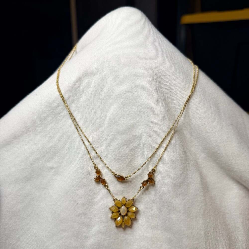 Double Strand Flower Necklace, antique gold tone, yellow/amber stones